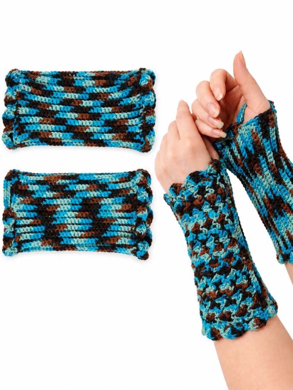 Handmade Crochet Fingerless Gloves Turquoise Brown Black Wrist Warmers